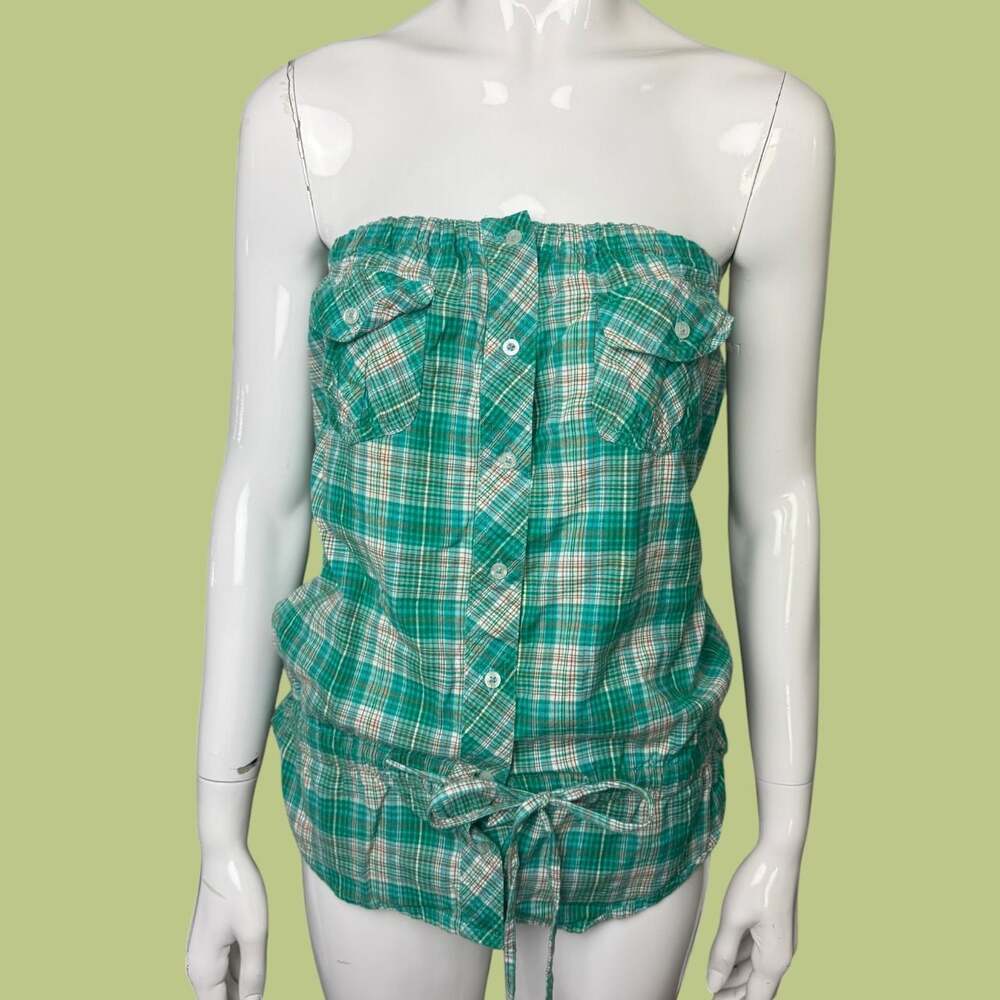 Y2K U.S. Polo Assn. Green Plaid Strapless Button-Front Top